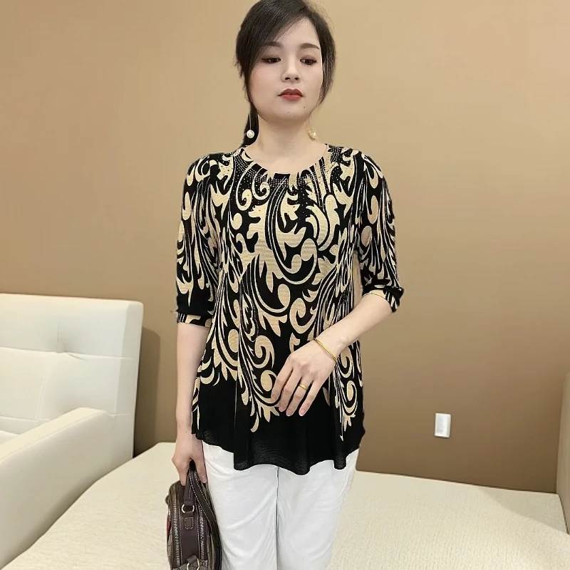 线下149 春夏季碎花半袖T恤衫女弹力大码短袖小衫百搭减龄妈妈装