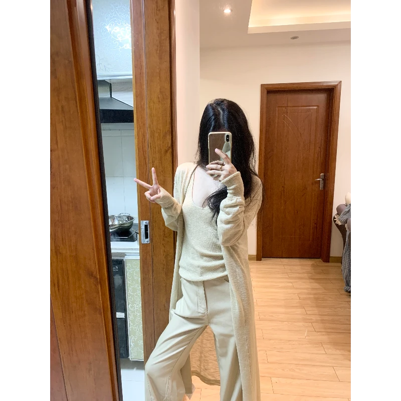 韩系薄款针织衫女士2025新款春秋季长款开衫外套显瘦背心长裤套装