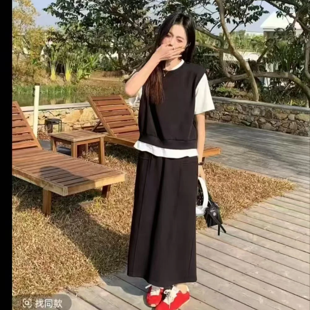 夏季新款高品质假两件套半身长裙时尚运动女装宽松休闲百搭套装