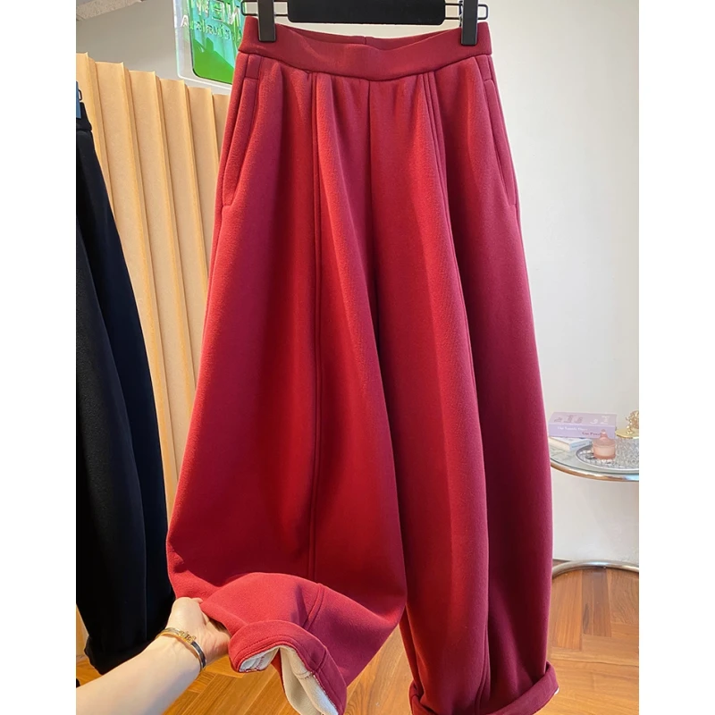 高级感红色弯刀卫裤女加绒加厚2025新款冬季宽松百搭阔腿裤长裤子