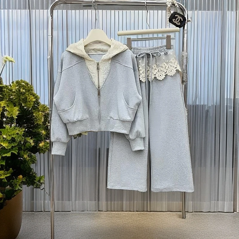 春秋蕾丝常规女童时尚洋气百搭运动套装卫衣休闲宽松短款春季韩版