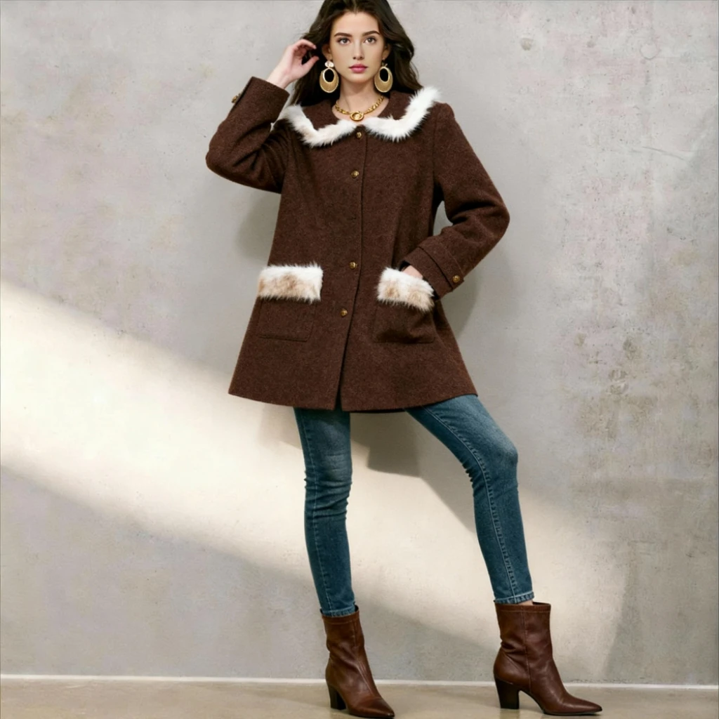 秋冬新款羊毛拼接毛毛法式中长款小香风毛呢外套大衣女装