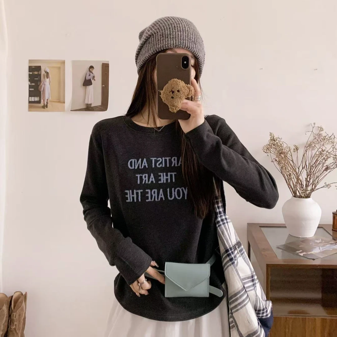 【商场品质】韩系百搭简约 刺绣字母不规则下摆磨毛T恤 YGL 7999