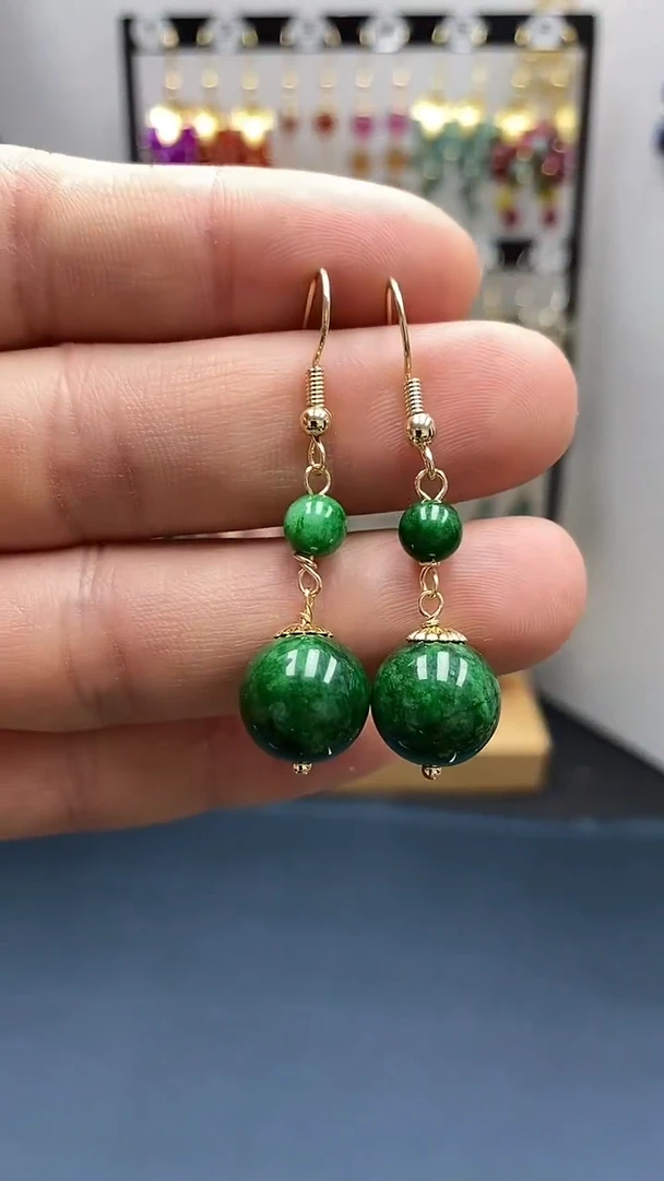 【闪购商品】翡翠耳饰银S925镀金镶嵌尺寸12mm连珠Q11