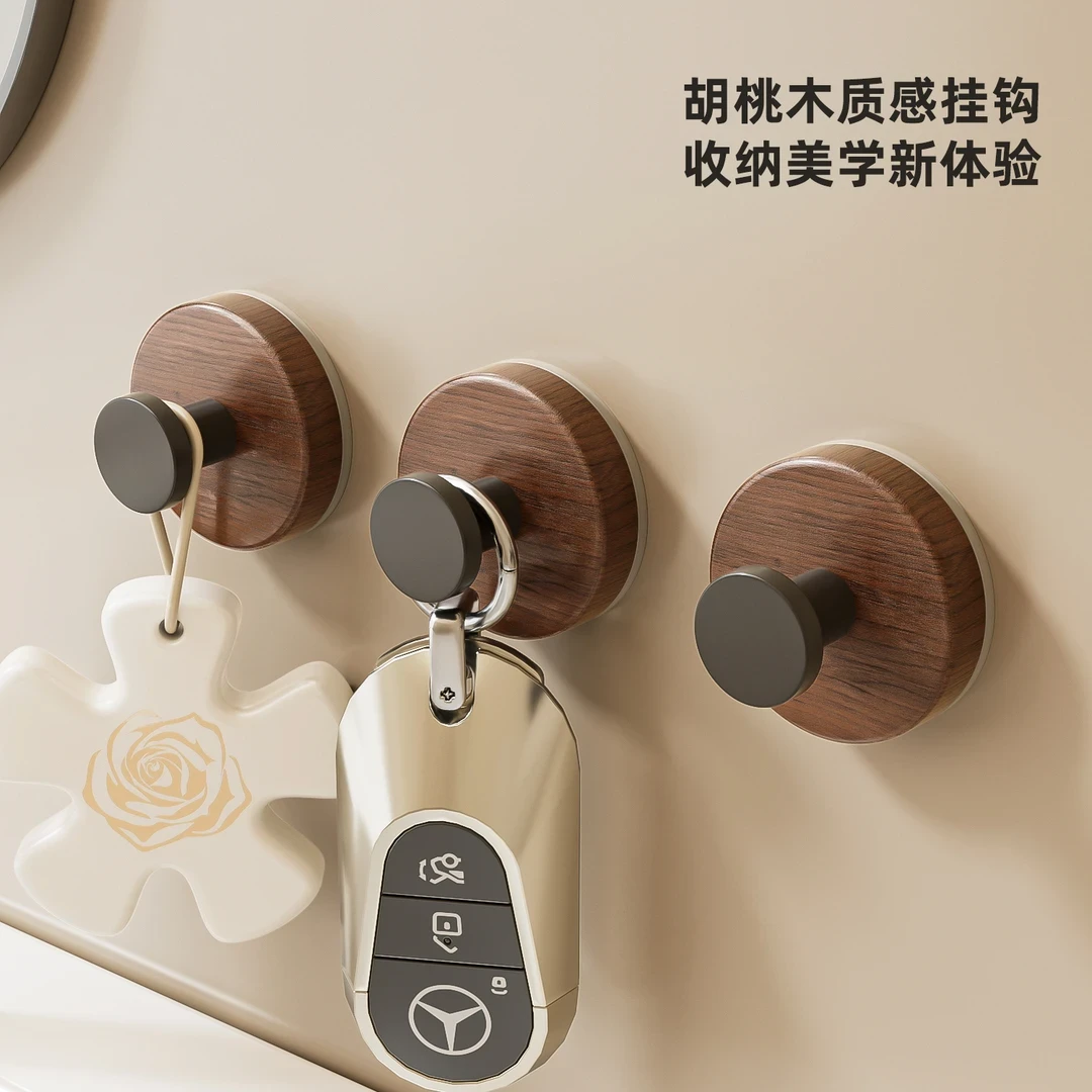 胡桃木纹吸盘旋钮挂钩家用无痕强承重粘钩浴室卫生间厨房免打孔