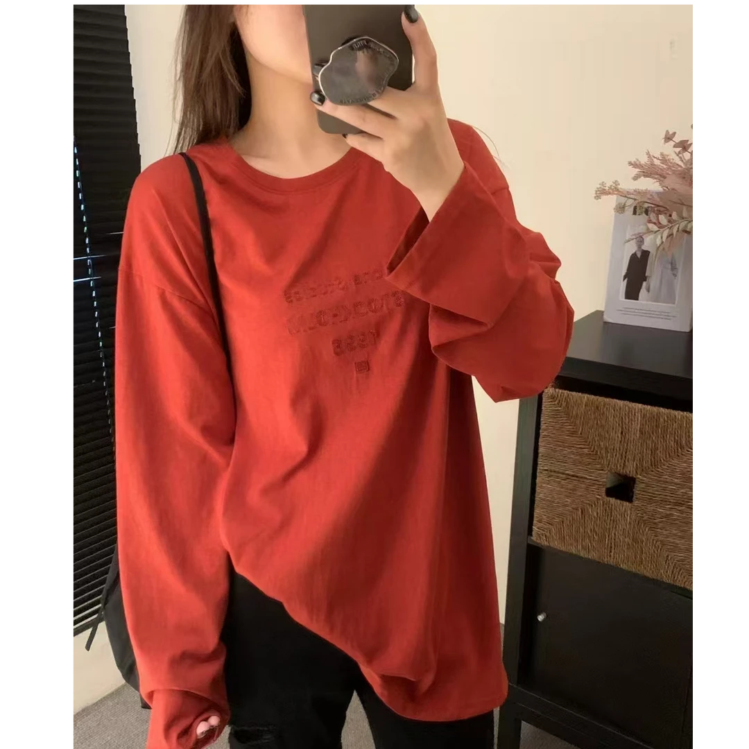 慵懒风宽松长袖T恤女简约百搭舒适打底上衣秋冬季