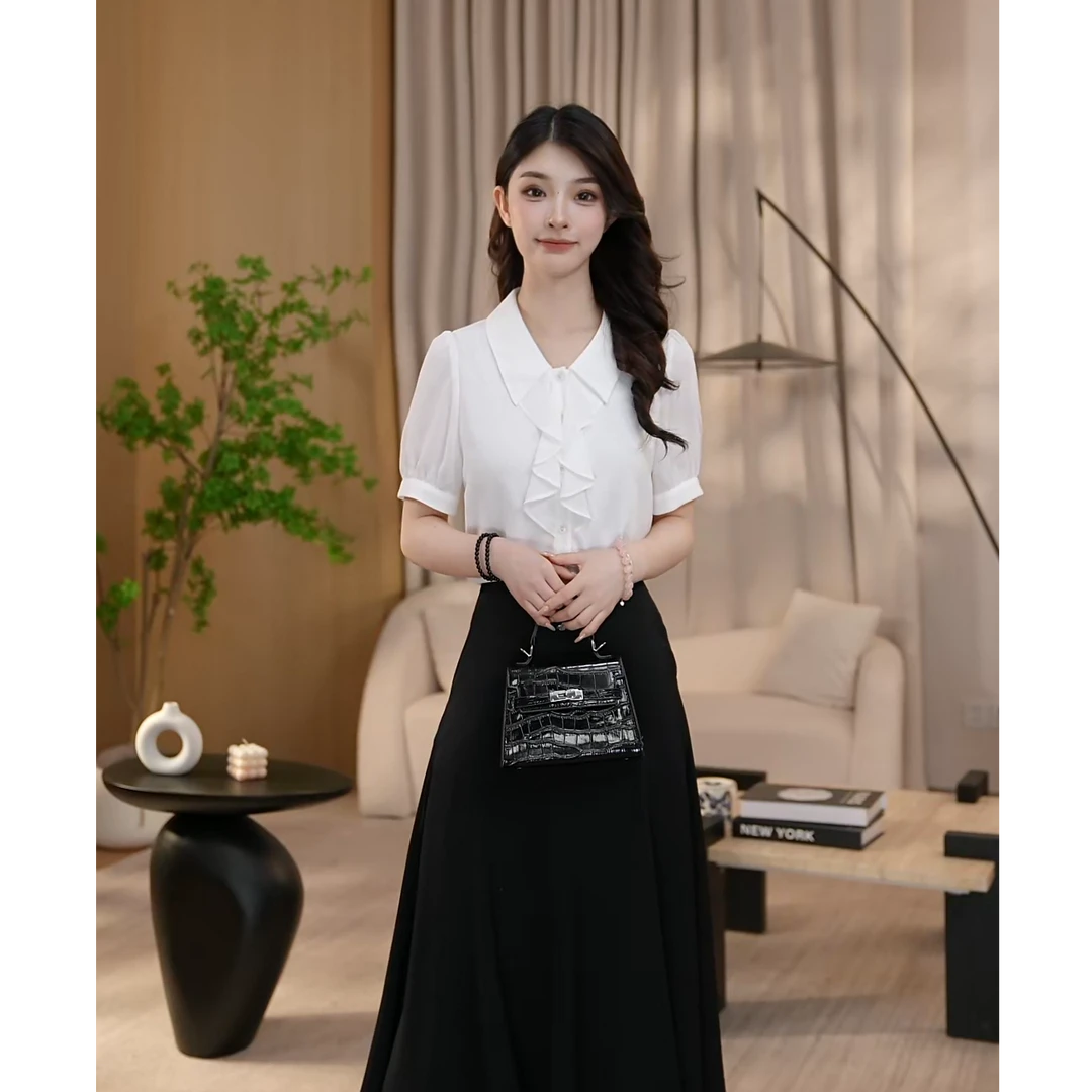 【曼贝破价】夏季短袖衬衫女设计感新款领气质8492225A/966黑【珮珮】