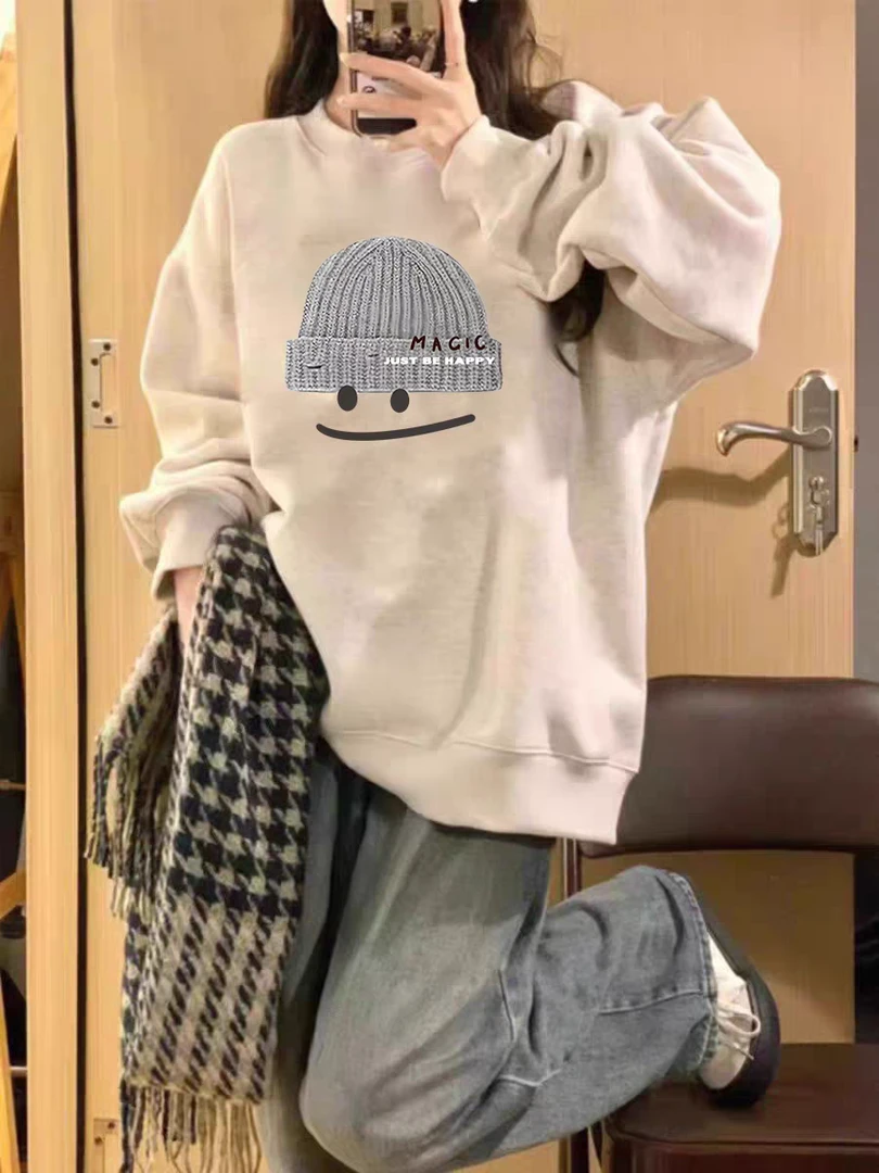 圆领女2025新款薄款印花小个子中长款秋冬季宽松加绒慵懒风卫衣