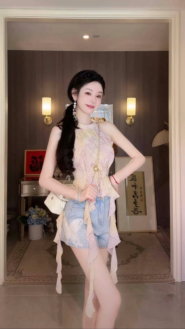 【雅乔定制】时尚休闲百搭重工立体蝴蝶拼接牛仔短裤DYJJ-25040895