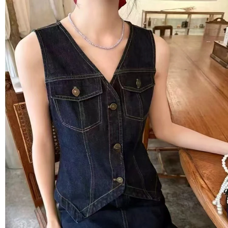 深圳南油高级感时尚百搭V领牛仔马甲套装6631