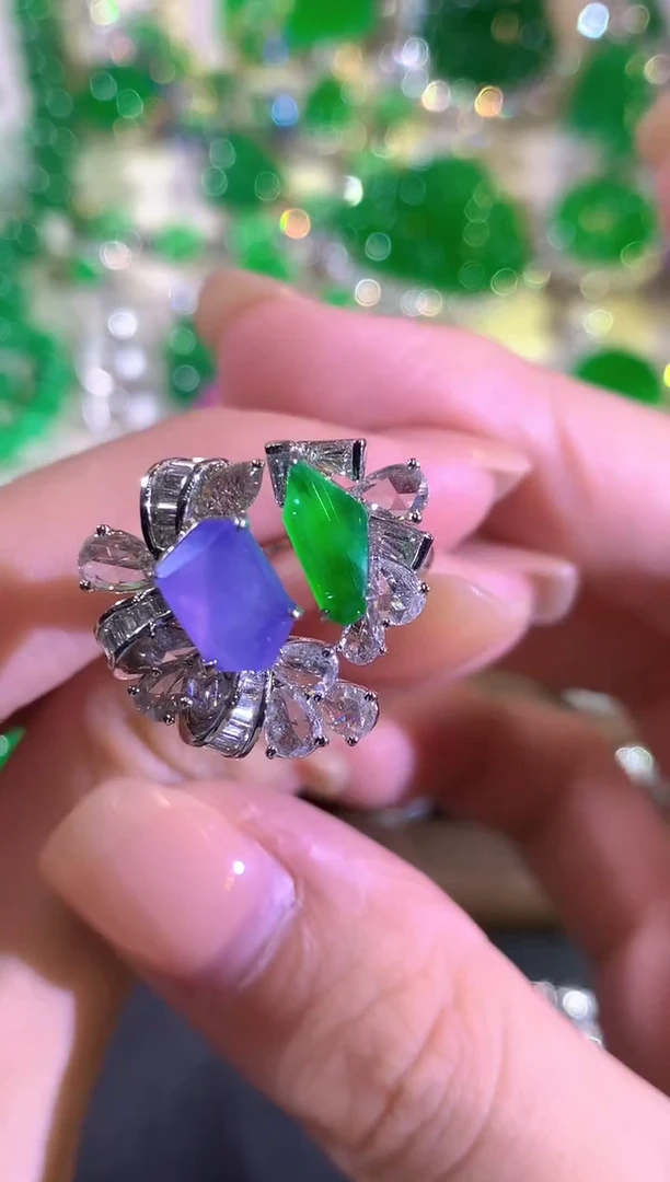 18K金镶嵌戒指翡翠a202紫货有色差无鉴赏