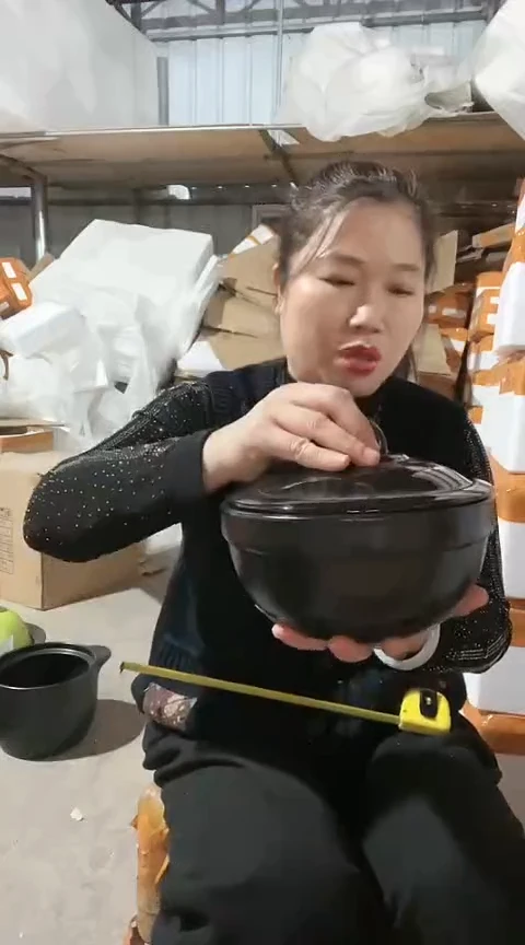 陶01瑕疵黑色砂锅碗带盖