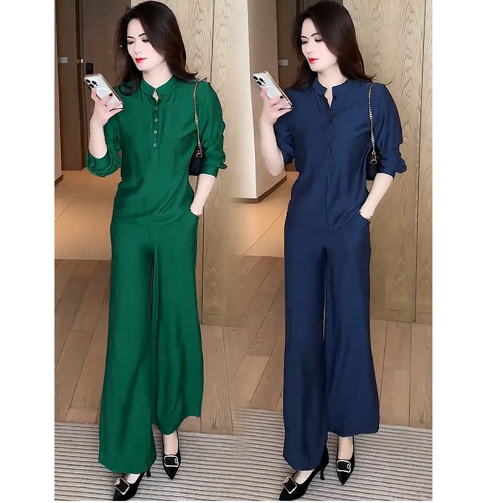时尚套装女2025秋季新款洋气质显瘦V领衬衫高腰阔腿裤减龄两件套