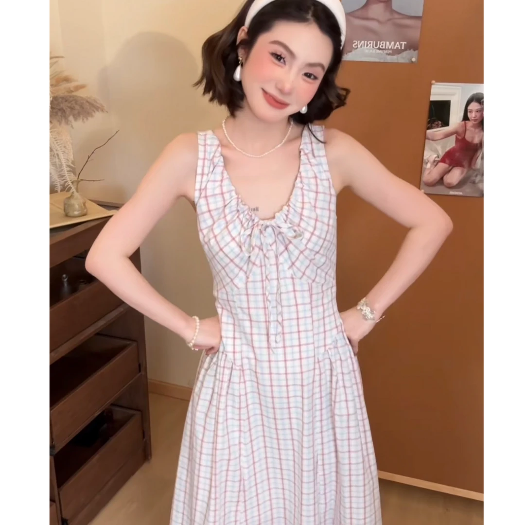 2025夏季上新小清新撞色格子尽显温柔气质小可爱吊带裙无袖背心裙