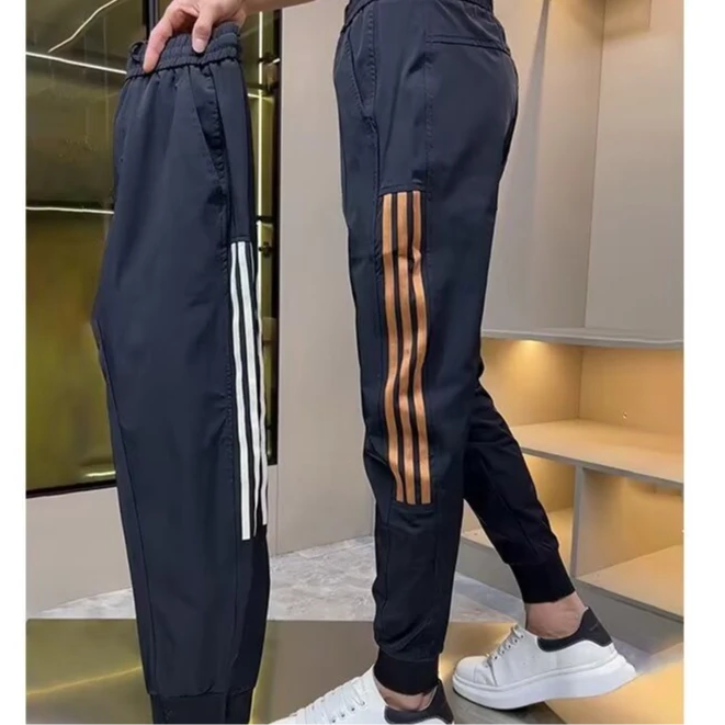 夏季薄款男士休闲卫裤条纹束脚运动裤透气长裤修身型小脚裤子