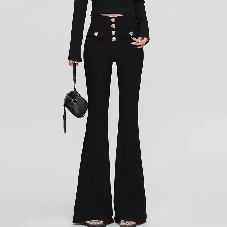 〖猫姐衣橱〗早春新款高腰款重工金属扣弹力微喇长裤