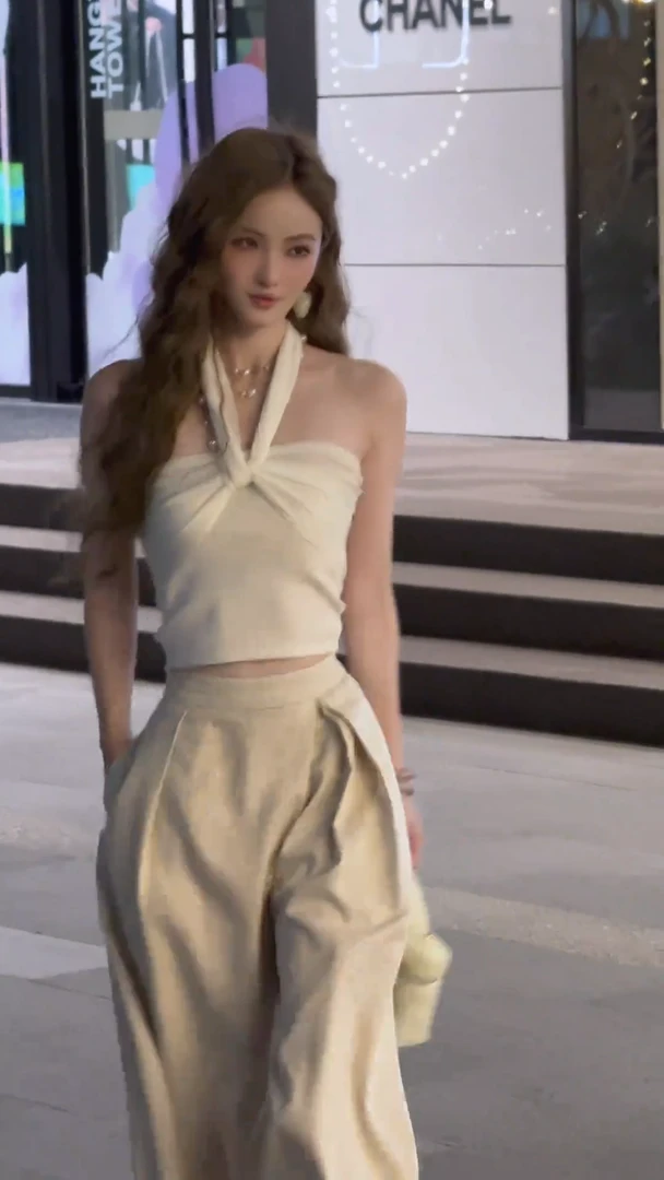 INS风设计感时尚套装性感挂脖背心纯欲风慵懒风阔腿裤子小众轻奢