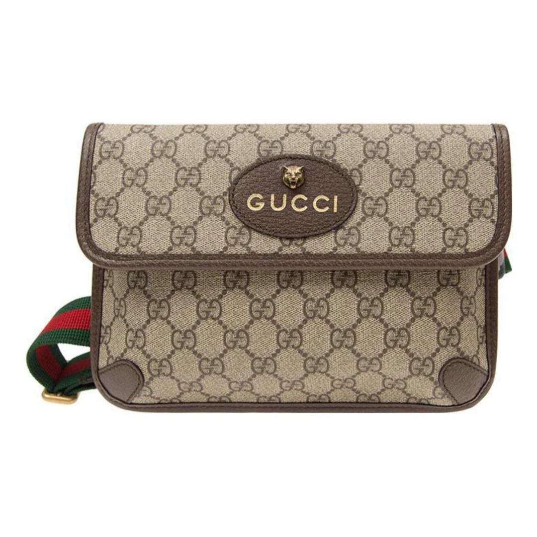 99新 GUCCI/古驰 虎头老花Logo帆布腰包单肩斜挎包