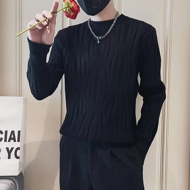 高级感条纹提花针织衫男士秋冬季韩版轻奢纯色毛衣内搭保暖打底衫