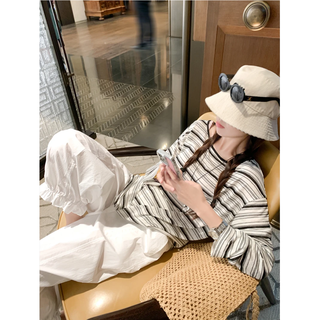 韩系穿搭黑色条纹薄款长袖防晒罩衫女夏宽松慵懒风t恤上衣