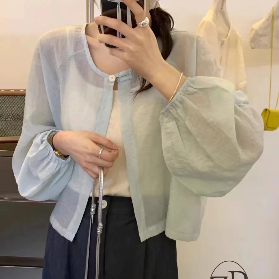 2024夏季新款小个子设计感中元素单扣灯笼袖宽松轻薄防晒衣衬女