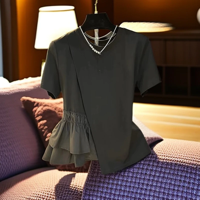 2025夏季新款高级感T恤时尚女款百搭裙衣拼接褶皱修身短袖上衣潮