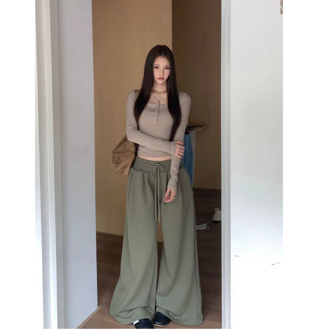 慵懒休闲美式复古藏青色运动垂感宽松长裤A741