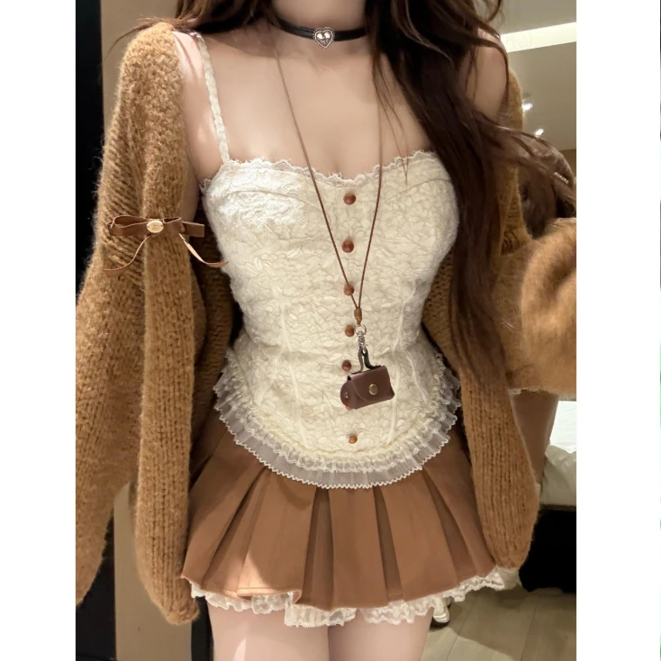 糖炒栗子 秋季纯欲风显瘦吊带半裙毛衣外套时尚套装辣妹短裙