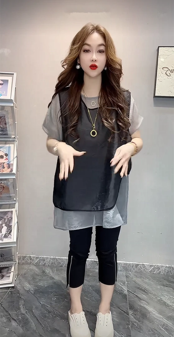 韩版时尚薄款圆领宽松不规则两件套T恤女2025夏季新款小个子上衣