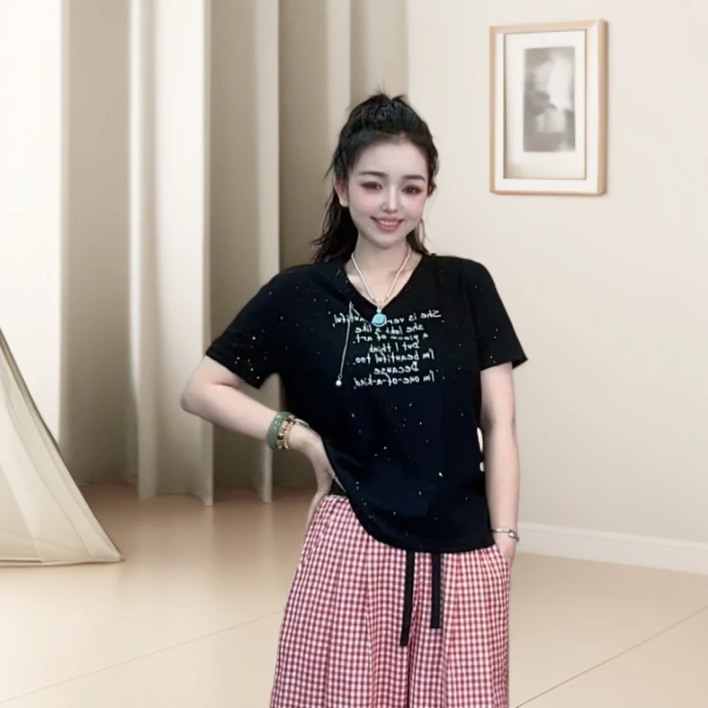 夏季百搭薄款细闪小字母小链条T恤7712