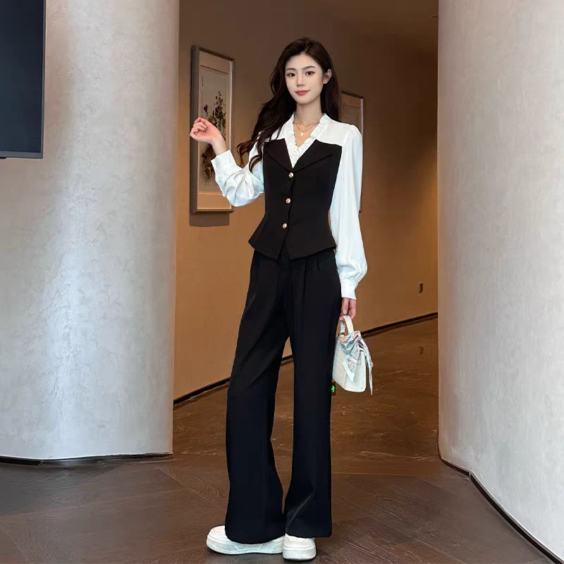W323  巨好看的两件套早秋大方得体超火穿搭一整套黑色长裤套装