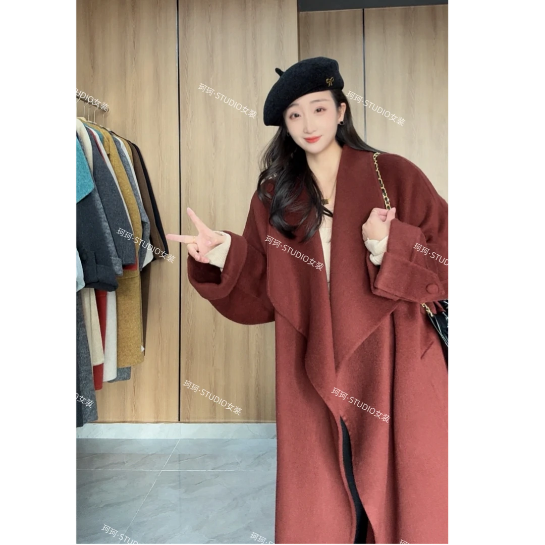 【珂珂】秋冬时尚气质宽松加厚立领长款双面驼绒大衣女外套24010