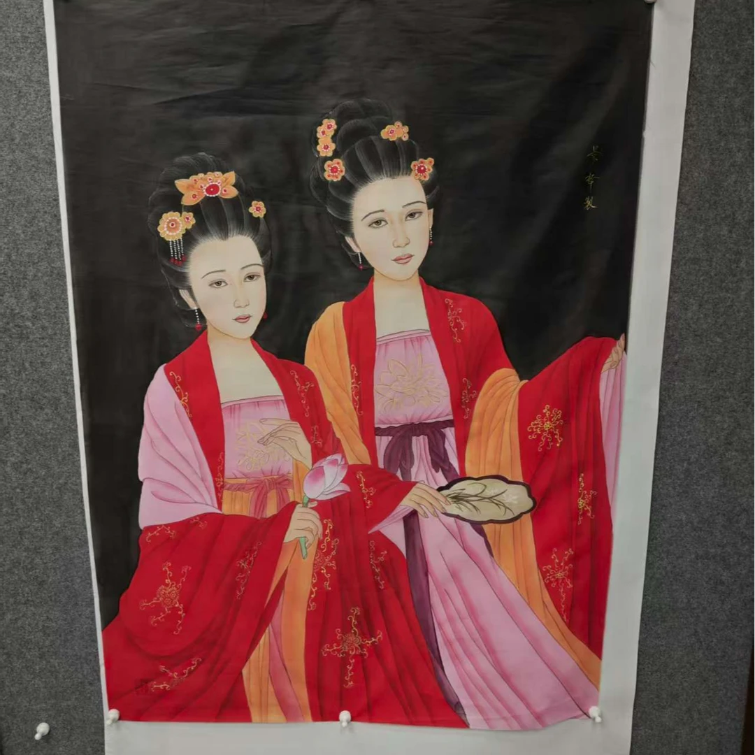 荣宝书画甄选-丝绢-双人-小尺幅国画-红衣仕女--C