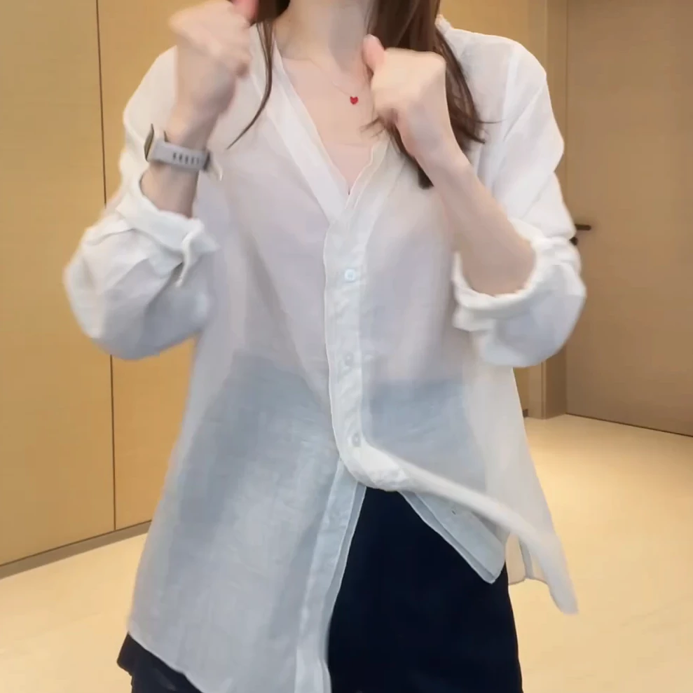 韩系简约夏季新品双层花边V领微透宽松衬衫C5627
