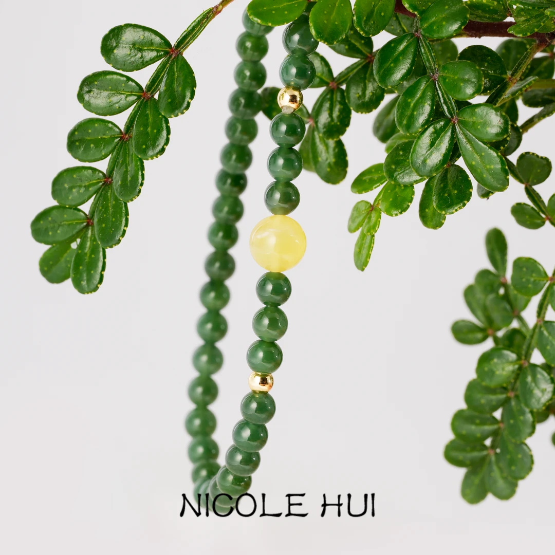 倪可卉18K金天然和田玉碧玉菠菜绿手串手链松弛高级感2025新款