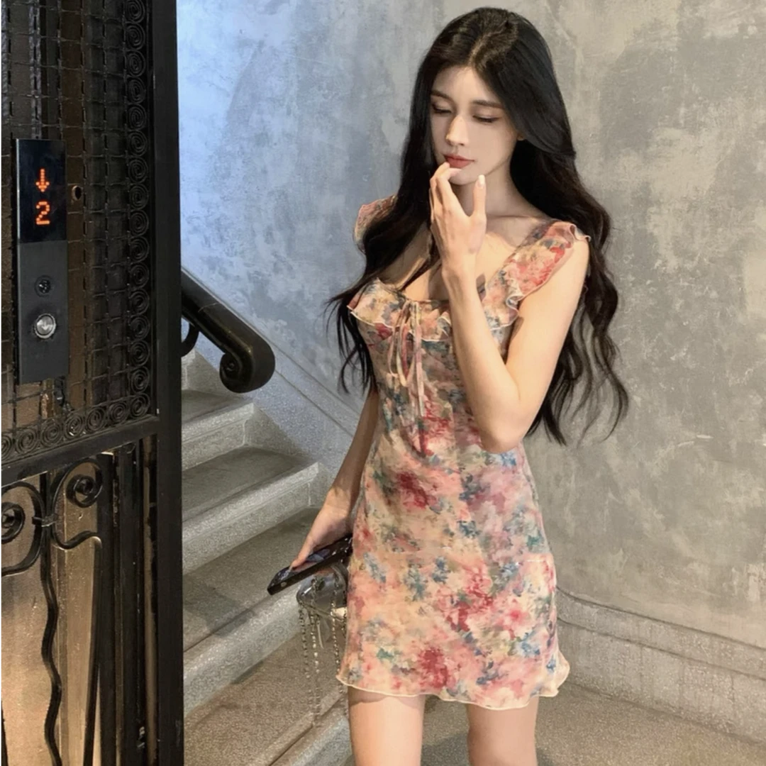 小个子荷叶边领口碎花绑带收腰雪纺连衣裙2025新款短款显瘦A字裙