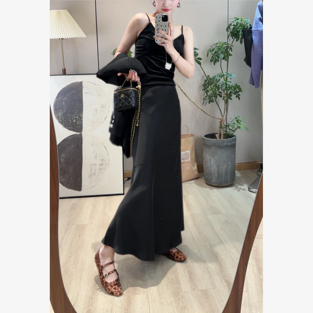 丽丽穿搭【黑醋】丝滑显瘦黑色弹力腰围半身裙鱼尾长款长裙豹纹