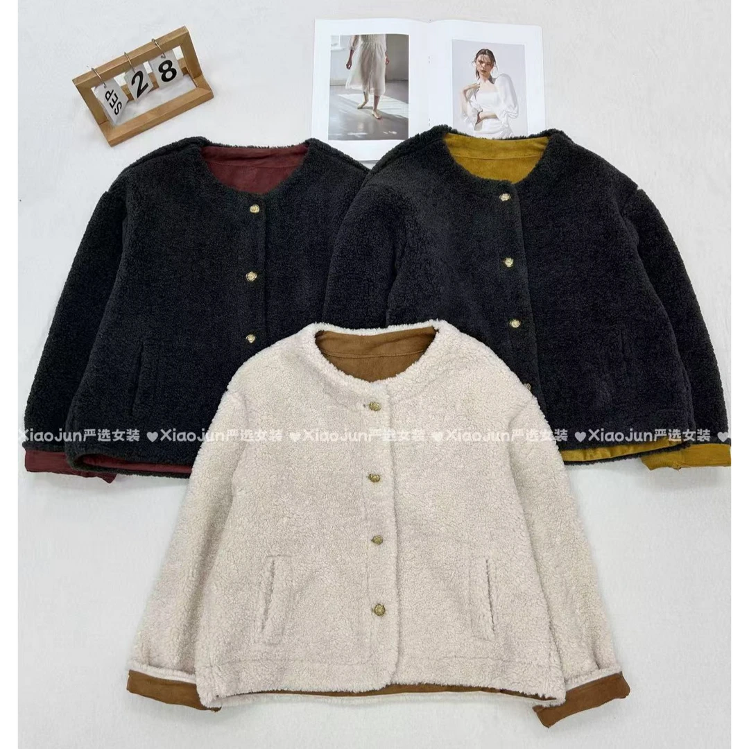 韩版保暖冬季麂皮绒皮毛一体复合洋气短款宽松一排扣圆领女短外套