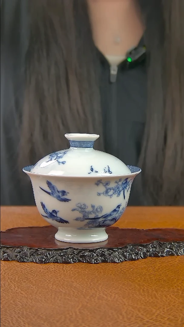 景德镇手工青花喜上眉梢盖碗