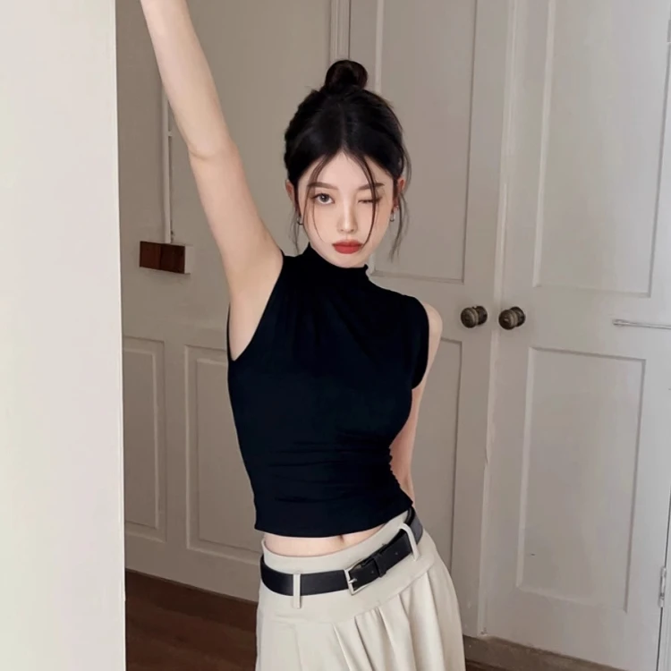韩系甜辣妹小高领黑色背心女夏修身显瘦内搭无袖上衣气质坎肩t恤