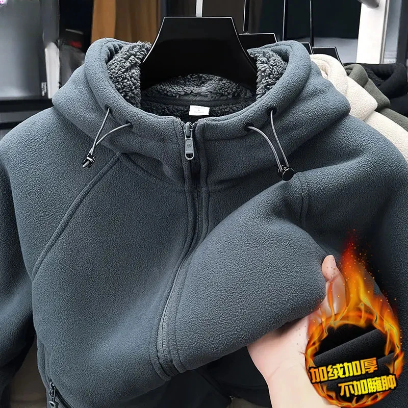 男士连帽摇粒绒卫衣男冬季加厚加绒开衫中年休闲宽松抓绒小外套潮