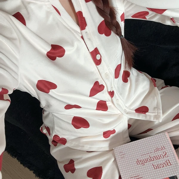 莫里伊【白底红爱心】小众时尚设计休闲舒适可外穿保暖睡衣家居服