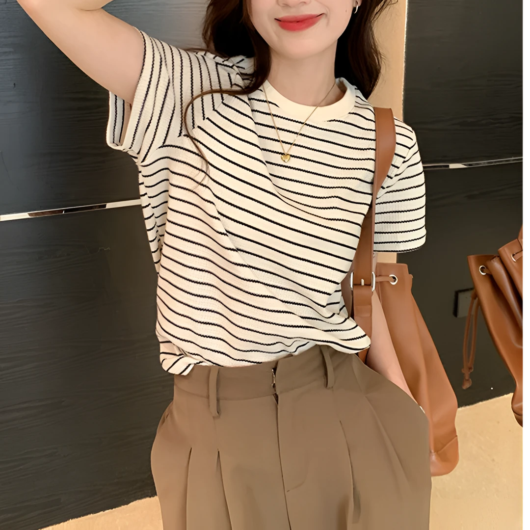 宽松短袖横条纹t恤女夏季半袖正肩复古高级感超好看的华夫格上衣