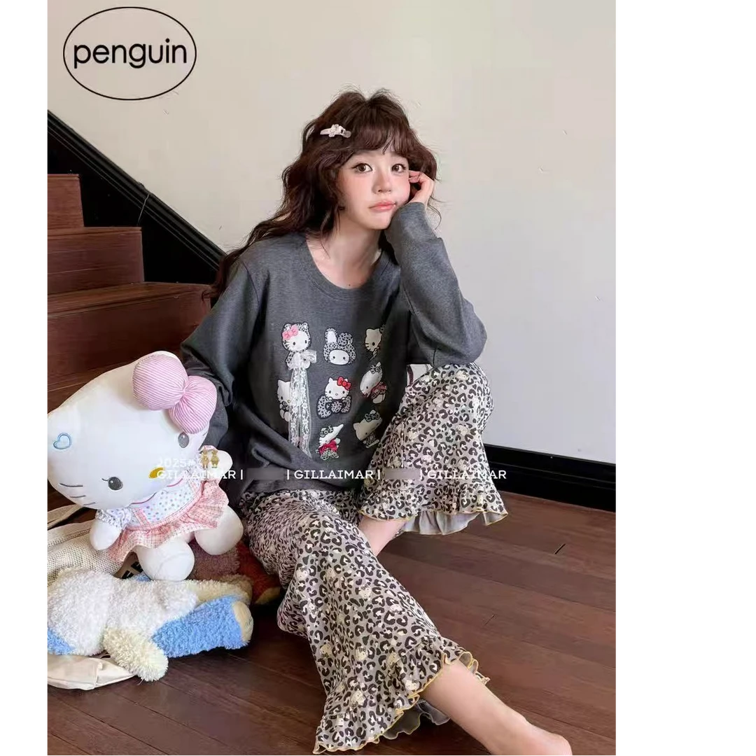 全码95棉家居服套装上衣+裤子两件套小猫可爱少女