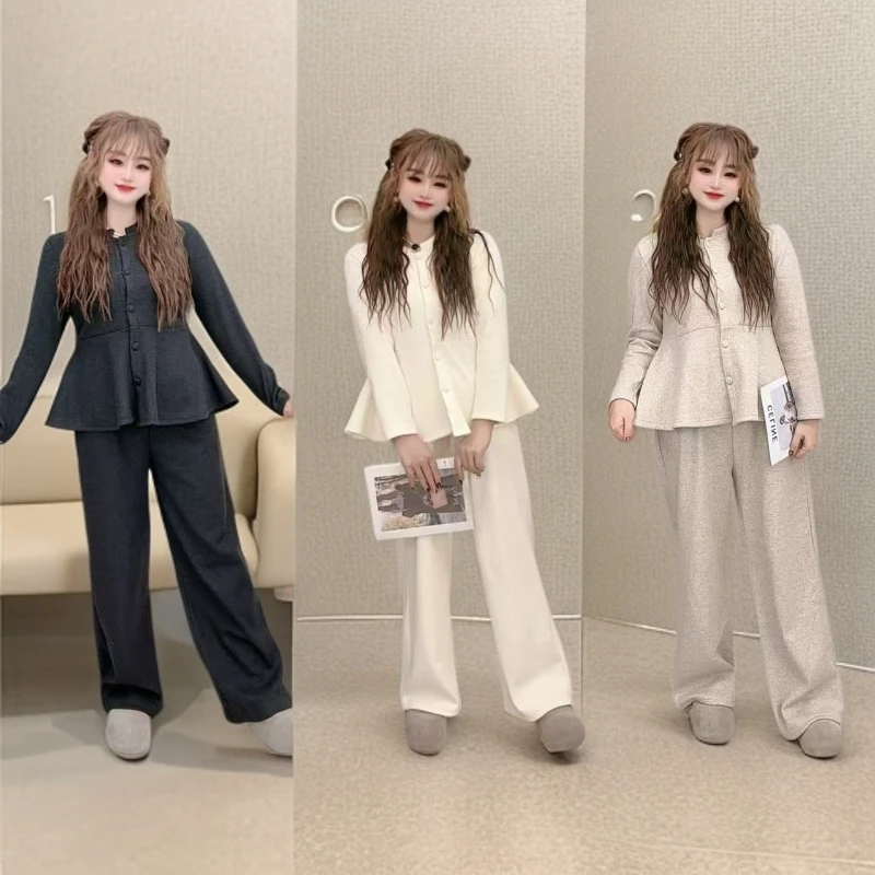 大码冬季加绒温柔系女2025新款韩版减龄上衣高腰阔腿裤两件套装