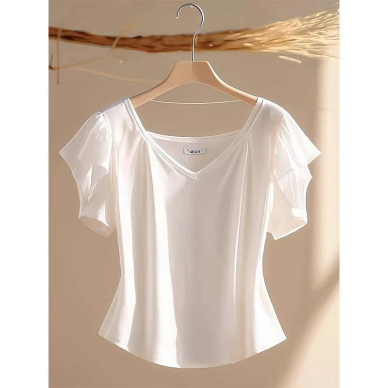 2025年夏款新款纯欲时尚洋气漂亮设计感白色收腰V领短袖T恤上衣女