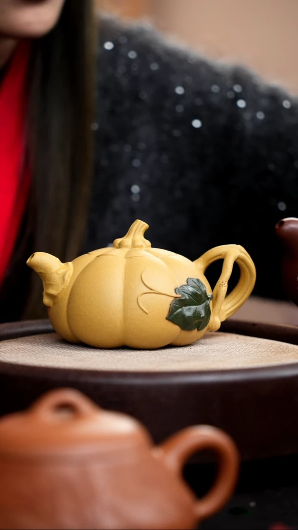【闪购商品】紫砂茶壶黄金段南瓜壶绿叶子