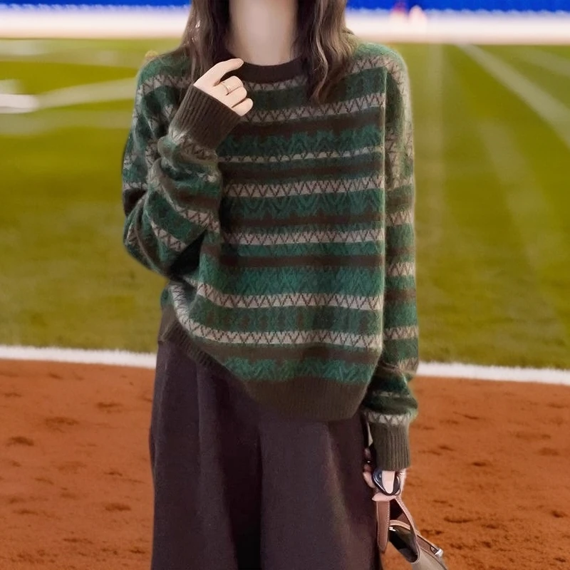 提花潮流女短款民族风网红针织长袖毛衣条纹上衣宽松百搭复古加厚