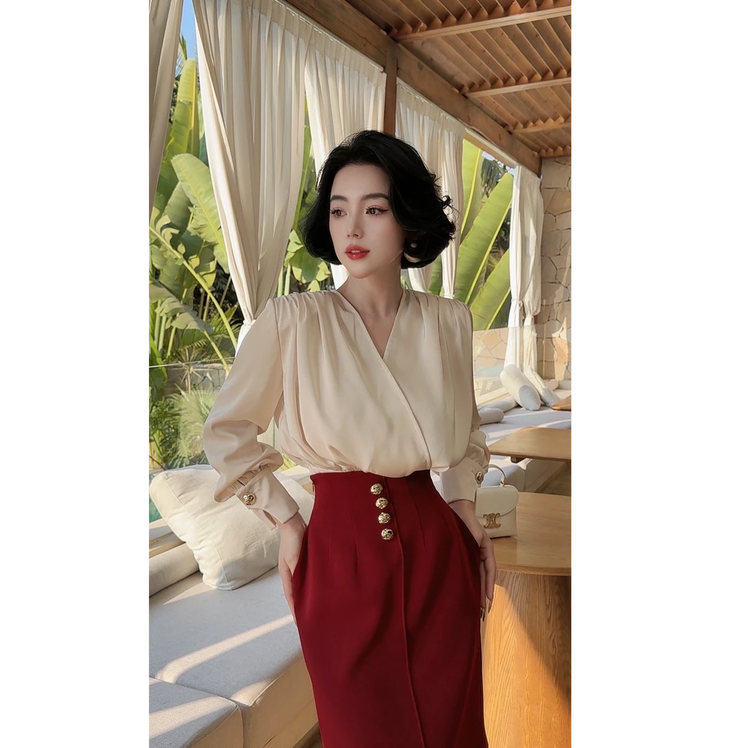 LYXJ【巴黎洛芙】显瘦气质衬衣V领春时尚季法式香槟粉色衬衫11739