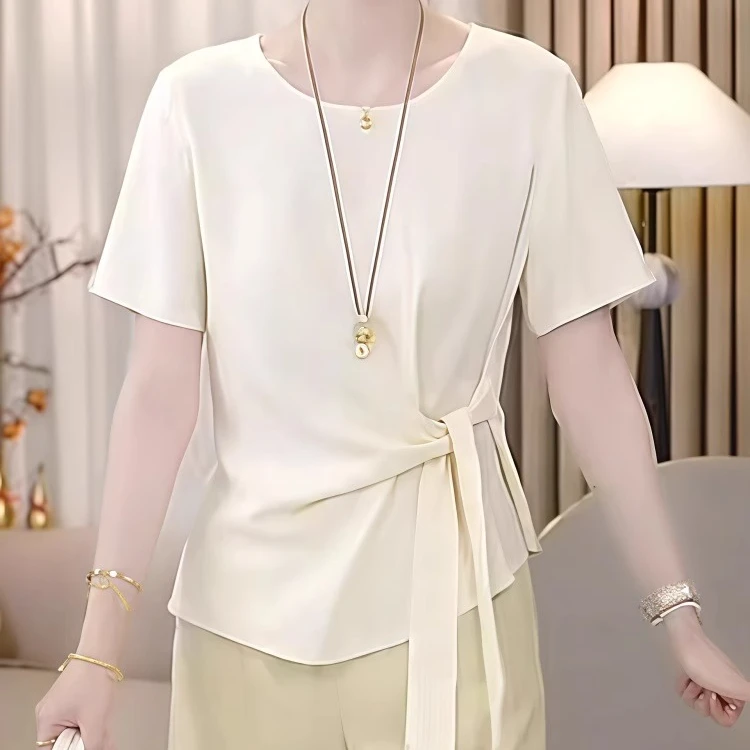 洋气高级感圆领短袖衬衫女夏季新款小众扭结收腰修身显瘦上衣0957